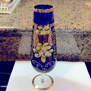 Vase Italian Art Glass Cobalt Blue Applied Flowers Gold Guilt 10 tall Vintage